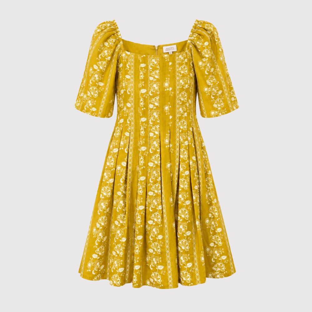 Mason's Daughter Mini Dress Yellow Emma Saffron Floral Square Puffed Boho Medium